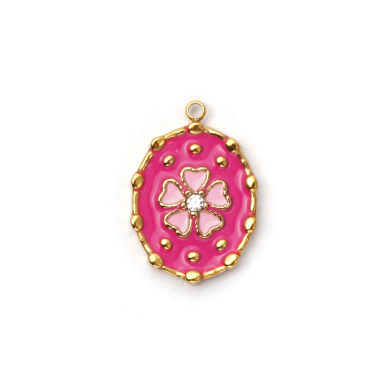 Picture of 1 Piece Eco-friendly PVD Vacuum Plating 304 Stainless Steel Charms 18K Real Gold Plated Fuchsia Enamel Oval Flower Clear Rhinestone 21mm x 15mm