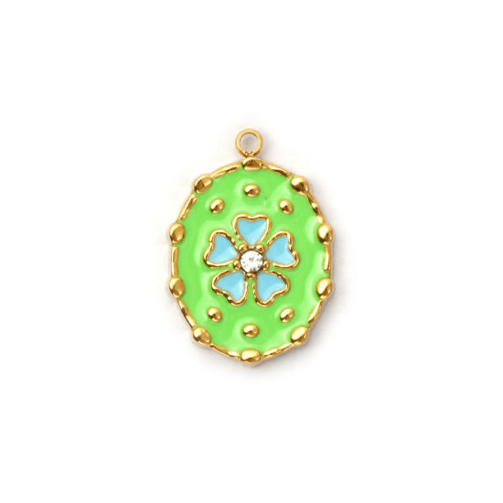 Picture of 1 Piece Eco-friendly PVD Vacuum Plating 304 Stainless Steel Charms 18K Real Gold Plated Green Enamel Oval Flower Clear Rhinestone 21mm x 15mm
