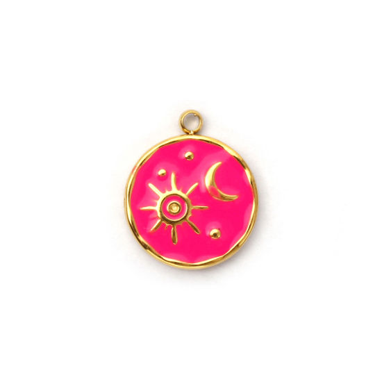 Picture of 1 Piece Eco-friendly PVD Vacuum Plating 304 Stainless Steel Galaxy Charms 18K Real Gold Plated Fuchsia Enamel Round Sun & Moon 16mm x 13mm