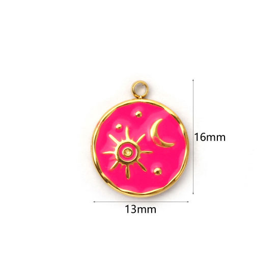 Picture of 1 Piece Eco-friendly PVD Vacuum Plating 304 Stainless Steel Galaxy Charms 18K Real Gold Plated Fuchsia Enamel Round Sun & Moon 16mm x 13mm