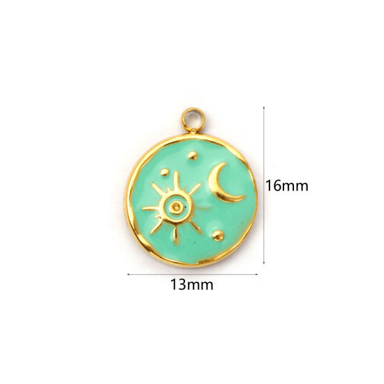 Picture of 1 Piece Eco-friendly PVD Vacuum Plating 304 Stainless Steel Galaxy Charms 18K Real Gold Plated Mint Green Enamel Round Sun & Moon 16mm x 13mm