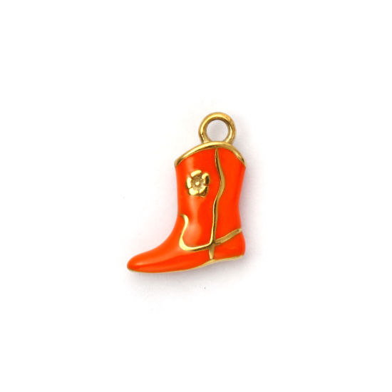 Picture of 1 Piece Eco-friendly PVD Vacuum Plating 304 Stainless Steel West Cowboy Charms 18K Real Gold Plated Orange Enamel Boots 3D 16mm x 12mm