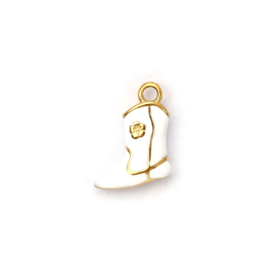 Picture of 1 Piece Eco-friendly PVD Vacuum Plating 304 Stainless Steel West Cowboy Charms 18K Real Gold Plated White Enamel Boots 3D 16mm x 12mm