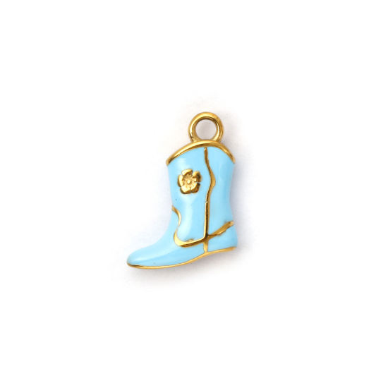 Picture of 1 Piece Eco-friendly PVD Vacuum Plating 304 Stainless Steel West Cowboy Charms 18K Real Gold Plated Blue Enamel Boots 3D 16mm x 12mm