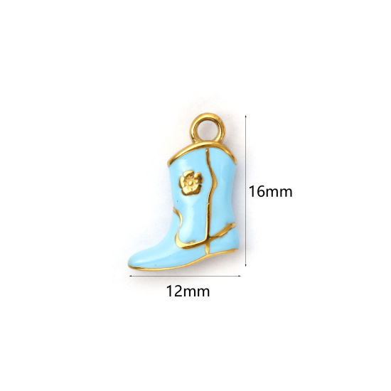 Picture of 1 Piece Eco-friendly PVD Vacuum Plating 304 Stainless Steel West Cowboy Charms 18K Real Gold Plated Blue Enamel Boots 3D 16mm x 12mm