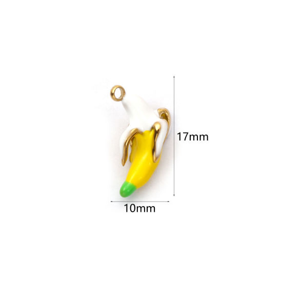 Immagine di 1 Pz Placcatura Sottovuoto PVD Ecologica 304 Acciaio Inossidabile Ciondoli 18K Vero Oro Placcato Giallo Smalto Banana 3D 17mm x 10mm
