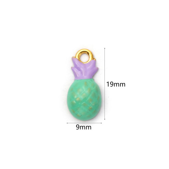 Immagine di 1 Pz Placcatura Sottovuoto PVD Ecologica 304 Acciaio Inossidabile Ciondoli 18K Vero Oro Placcato Menta Verde Smalto Ananas 19mm x 9mm