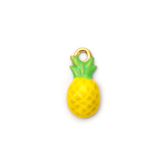 Immagine di 1 Pz Placcatura Sottovuoto PVD Ecologica 304 Acciaio Inossidabile Ciondoli 18K Vero Oro Placcato Giallo Smalto Ananas 19mm x 9mm