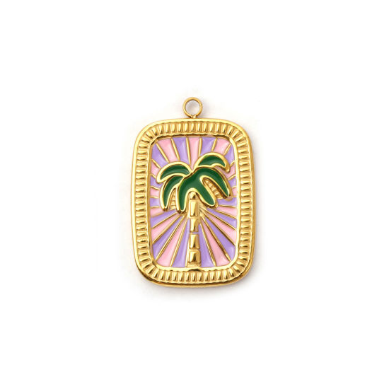 Picture of 1 Piece Eco-friendly PVD Vacuum Plating 304 Stainless Steel Charms 18K Real Gold Plated Multicolor Enamel Rectangle Coconut Palm Tree 27.5mm x 18mm