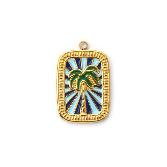 Picture of 1 Piece Eco-friendly PVD Vacuum Plating 304 Stainless Steel Charms 18K Real Gold Plated Multicolor Enamel Rectangle Coconut Palm Tree 27.5mm x 18mm