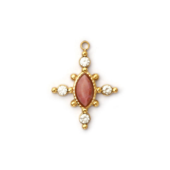 Picture of 1 Piece Eco-friendly PVD Vacuum Plating 304 Stainless Steel & Gemstone Charms 18K Real Gold Plated Dark Pink Cross Clear Rhinestone 22mm x 17mm