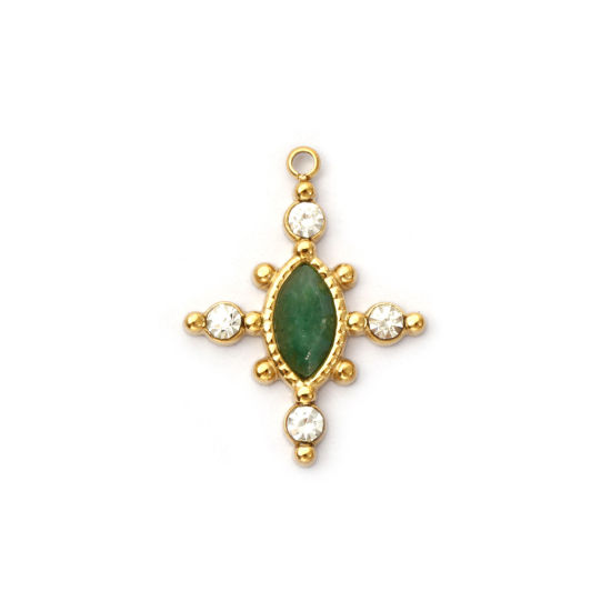Picture of 1 Piece Eco-friendly PVD Vacuum Plating 304 Stainless Steel & Gemstone Charms 18K Real Gold Plated Green Cross Clear Rhinestone 22mm x 17mm