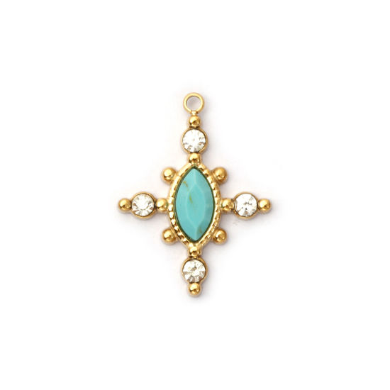Picture of 1 Piece Eco-friendly PVD Vacuum Plating 304 Stainless Steel & Gemstone Charms 18K Real Gold Plated Green Blue Cross Clear Rhinestone 22mm x 17mm