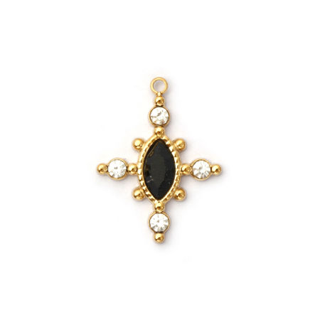 Picture of 1 Piece Eco-friendly PVD Vacuum Plating Waterproof Anti-Tarnish Hypoallergenic 304 Stainless Steel & Gemstone Charms 18K Real Gold Plated Black Cross Clear Rhinestone 22mm x 17mm