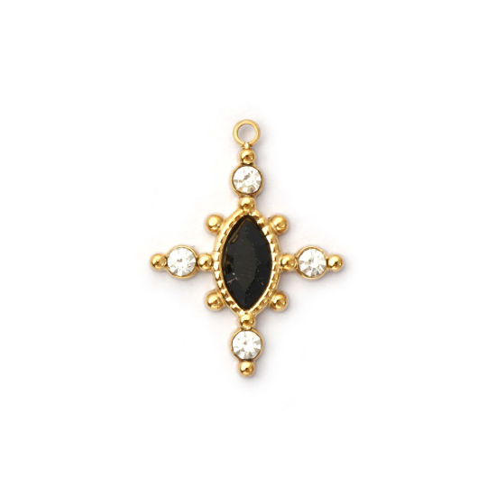 Picture of 1 Piece Eco-friendly PVD Vacuum Plating 304 Stainless Steel & Gemstone Charms 18K Real Gold Plated Black Cross Clear Rhinestone 22mm x 17mm
