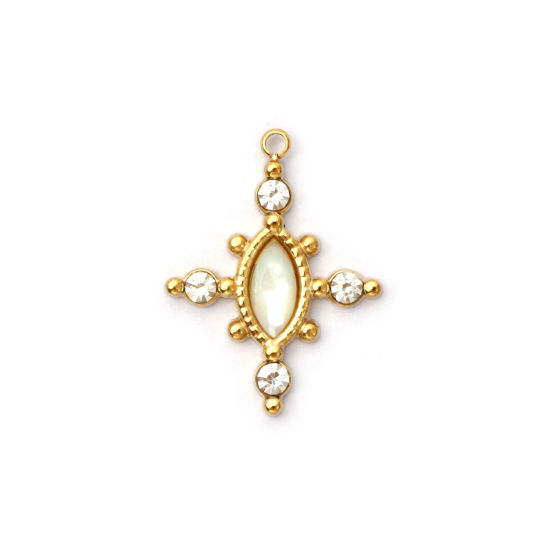 Picture of 1 Piece Eco-friendly PVD Vacuum Plating 304 Stainless Steel & Natural Shell Charms 18K Real Gold Plated White Cross Clear Rhinestone 22mm x 17mm