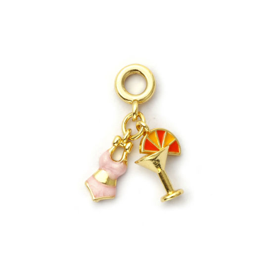 Imagen de 1 Unidad Respetuoso del Medio Ambiente Latón Ropa Cuentas de Encanto Colgantes 18K Oro Real Chapado Color rosa Esmalte Copa de Vino 26mm