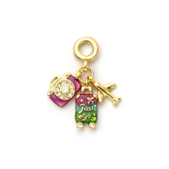 Imagen de 1 Unidad Respetuoso del Medio Ambiente Latón Viajar Cuentas de Encanto Colgantes 18K Oro Real Chapado Verde Esmalte Cámara Micro Pave Claro Circón Artificial 26mm