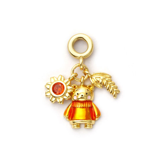 Imagen de 1 Unidad Respetuoso del Medio Ambiente Latón Viajar Cuentas de Encanto Colgantes 18K Oro Real Chapado Naranja Esmalte Oso Naranja Circón Artificial 26mm