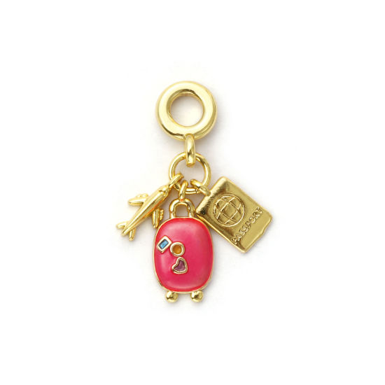 Imagen de 1 Unidad Respetuoso del Medio Ambiente Latón Viajar Cuentas de Encanto Colgantes 18K Oro Real Chapado Rosa Intenso Esmalte Avión 26mm