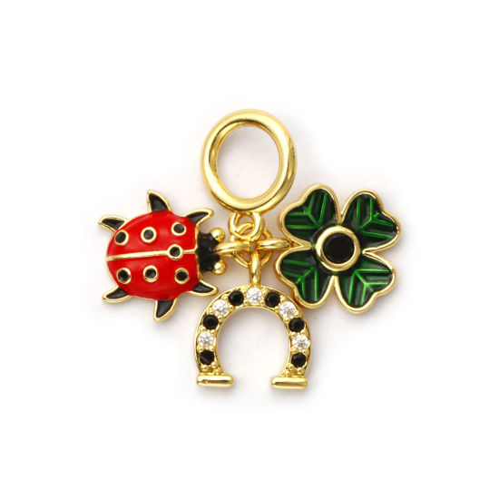 Imagen de 1 Unidad Respetuoso del Medio Ambiente Latón Viajar Cuentas de Encanto Colgantes 18K Oro Real Chapado Rojo Esmalte Mariquita Micro Pave Claro Circón Artificial 3cm