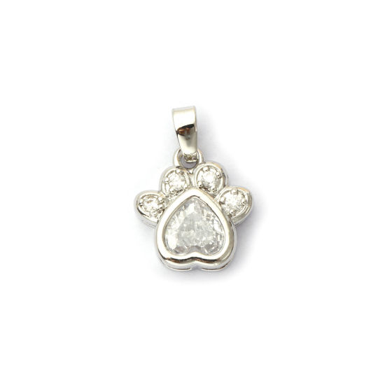 Imagen de 2 PCs Eco-friendly Brass Pet Memorial Charm Pendant Real Platinum Plated Paw Print Micro Pave Clear Cubic Zirconia 18mm x 13mm