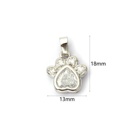 Imagen de 2 PCs Eco-friendly Brass Pet Memorial Charm Pendant Real Platinum Plated Paw Print Micro Pave Clear Cubic Zirconia 18mm x 13mm