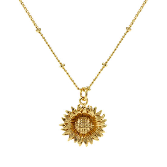 Imagen de 18K Oro Real Chapado Cadenas de Curb Girasol Collar con Colgante, Latón 45cm + 5cm, Para Mujeres, Elegante Joyería del océano Regalo, Respetuoso del Medio Ambiente, 1 Unidad