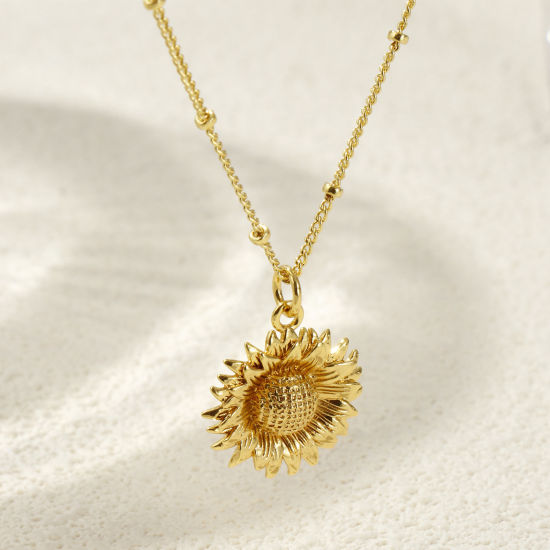 Imagen de 18K Oro Real Chapado Cadenas de Curb Girasol Collar con Colgante, Latón 45cm + 5cm, Para Mujeres, Elegante Joyería del océano Regalo, Respetuoso del Medio Ambiente, 1 Unidad