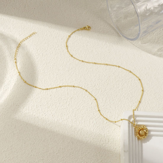 Imagen de 18K Oro Real Chapado Cadenas de Curb Girasol Collar con Colgante, Latón 45cm + 5cm, Para Mujeres, Elegante Joyería del océano Regalo, Respetuoso del Medio Ambiente, 1 Unidad