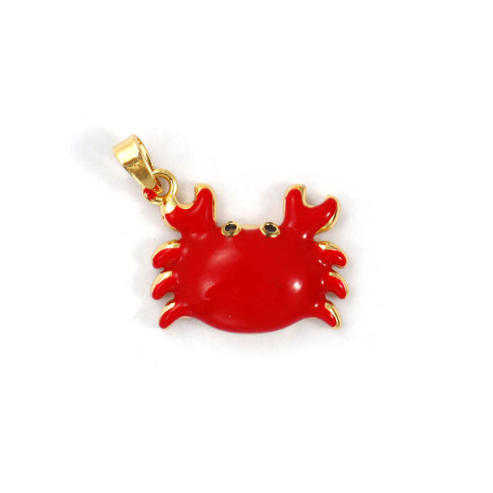 Immagine di 2 PCs Brass Ocean Jewelry Charm Pendant 18K Gold Plated Red Enamel Crab Animal 22mm x 19mm