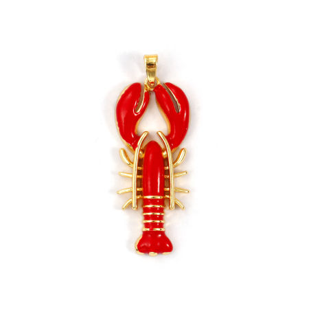 Picture of 2 PCs Brass Ocean Jewelry Pendants 18K Gold Plated Red Enamel Lobster 3.9cm x 1.4cm