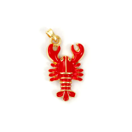 Picture of 2 PCs Brass Ocean Jewelry Charm Pendant 18K Gold Plated Red Enamel Lobster 28mm x 18mm