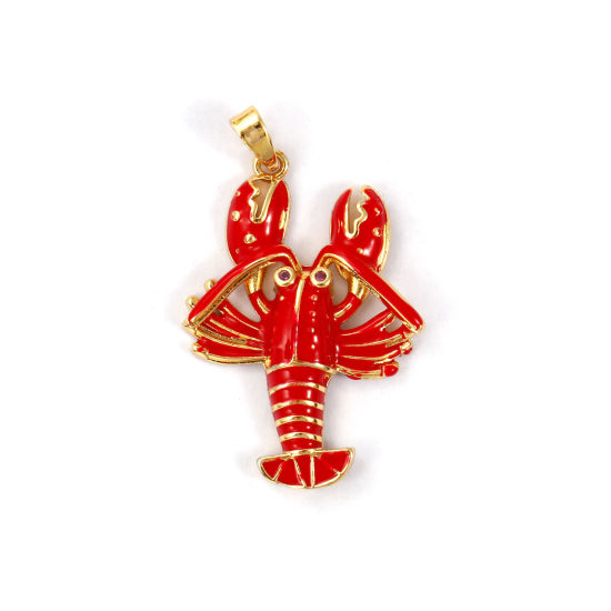 Immagine di 2 PCs Brass Ocean Jewelry Pendants 18K Gold Plated Red Enamel Lobster 3.1cm x 1.6cm