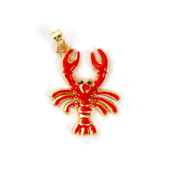 Immagine di 2 PCs Brass Ocean Jewelry Pendants 18K Gold Plated Red Enamel Lobster 3.4cm x 2.1cm