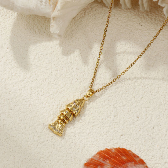 Picture of 1 Piece Brass Ocean Jewelry Pendants 18K Gold Plated Fish Animal Movable Clear Cubic Zirconia 3.3cm x 0.8cm