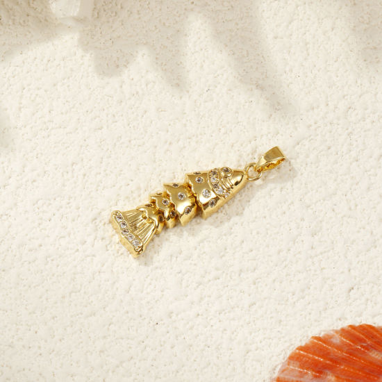 Picture of 1 Piece Brass Ocean Jewelry Pendants 18K Gold Plated Fish Animal Movable Clear Cubic Zirconia 3.3cm x 0.8cm