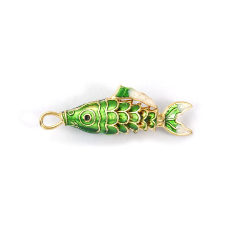 Picture of 1 Piece Brass Ocean Jewelry Pendants 18K Gold Plated Green Enamel Fish Animal 3D Movable 3.8cm x 1.3cm