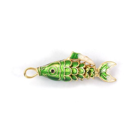 Imagen de 1 Piece Brass Ocean Jewelry Pendants 18K Gold Plated Green Enamel Fish Animal 3D Movable 3.8cm x 1.3cm
