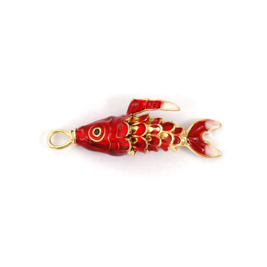 Imagen de 1 Piece Brass Ocean Jewelry Pendants 18K Gold Plated Red Enamel Fish Animal 3D Movable 3.8cm x 1.3cm
