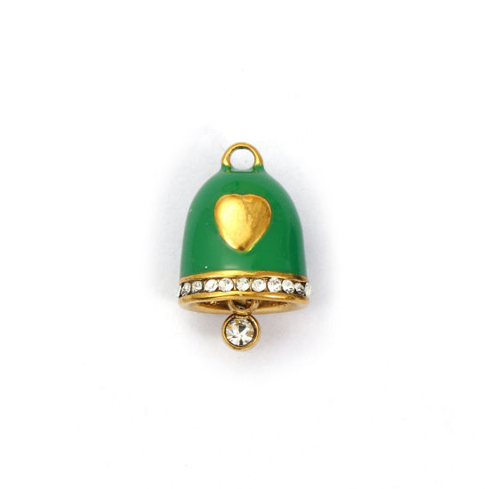 Immagine di 1 Pz Placcatura Sottovuoto 304 Acciaio Inossidabile Natale Ciondoli Placcato Oro 18K Verde Smalto Campana Cuore Micro Spianare Trasparente Strass 15mm x 10mm