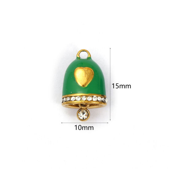 Immagine di 1 Pz Placcatura Sottovuoto 304 Acciaio Inossidabile Natale Ciondoli Placcato Oro 18K Verde Smalto Campana Cuore Micro Spianare Trasparente Strass 15mm x 10mm