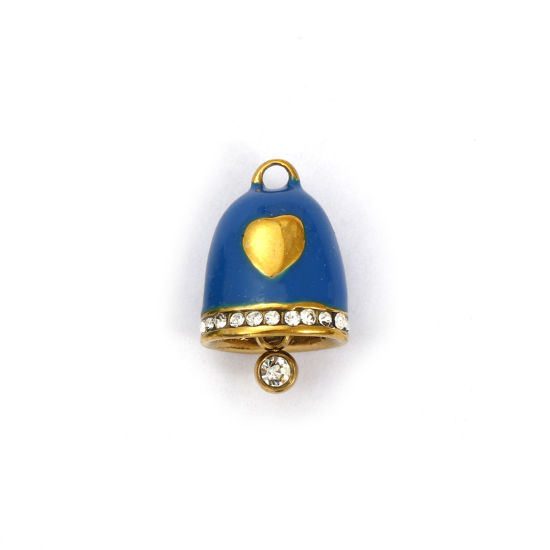 Immagine di 1 Pz Placcatura Sottovuoto 304 Acciaio Inossidabile Natale Ciondoli Placcato Oro 18K Blu Scuro Smalto Campana Cuore Micro Spianare Trasparente Strass 15mm x 10mm