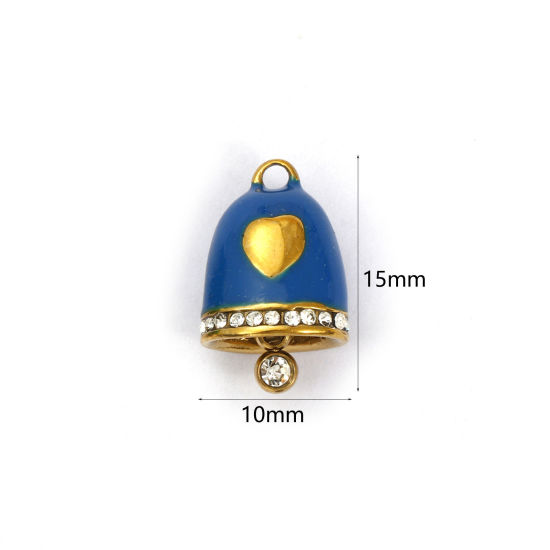 Immagine di 1 Pz Placcatura Sottovuoto 304 Acciaio Inossidabile Natale Ciondoli Placcato Oro 18K Blu Scuro Smalto Campana Cuore Micro Spianare Trasparente Strass 15mm x 10mm