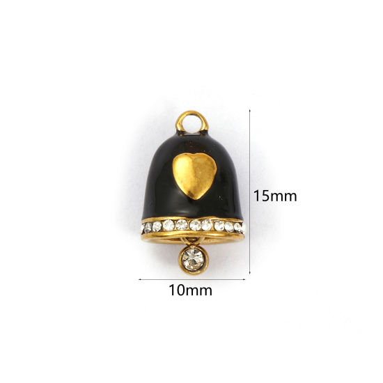 Immagine di 1 Pz Placcatura Sottovuoto 304 Acciaio Inossidabile Natale Ciondoli Placcato Oro 18K Nero Smalto Campana Cuore Micro Spianare Trasparente Strass 15mm x 10mm