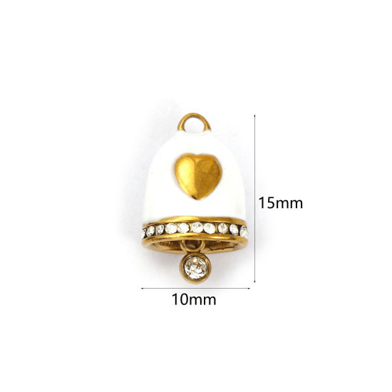Immagine di 1 Pz Placcatura Sottovuoto 304 Acciaio Inossidabile Natale Ciondoli Placcato Oro 18K Bianco Smalto Campana Cuore Micro Spianare Trasparente Strass 15mm x 10mm