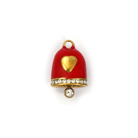 Immagine di 1 Pz Placcatura Sottovuoto 304 Acciaio Inossidabile Natale Ciondoli Placcato Oro 18K Rosso Smalto Campana Cuore Micro Spianare Trasparente Strass 15mm x 10mm