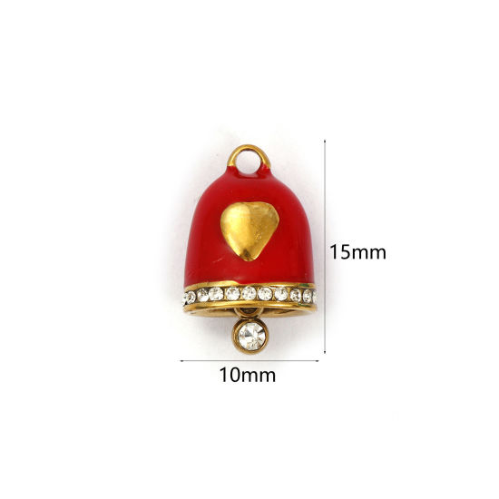 Immagine di 1 Pz Placcatura Sottovuoto 304 Acciaio Inossidabile Natale Ciondoli Placcato Oro 18K Rosso Smalto Campana Cuore Micro Spianare Trasparente Strass 15mm x 10mm