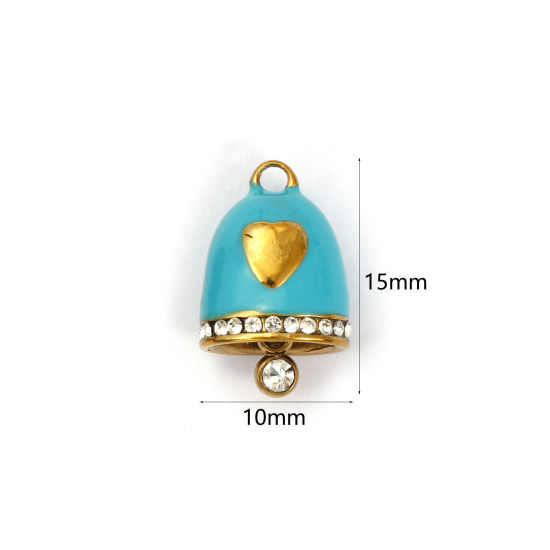 Immagine di 1 Pz Placcatura Sottovuoto 304 Acciaio Inossidabile Natale Ciondoli Placcato Oro 18K Verde Blu Smalto Campana Cuore Micro Spianare Trasparente Strass 15mm x 10mm