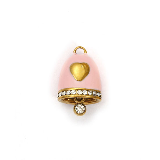 Immagine di 1 Pz Placcatura Sottovuoto 304 Acciaio Inossidabile Natale Ciondoli Placcato Oro 18K Rosa Smalto Campana Cuore Micro Spianare Trasparente Strass 15mm x 10mm